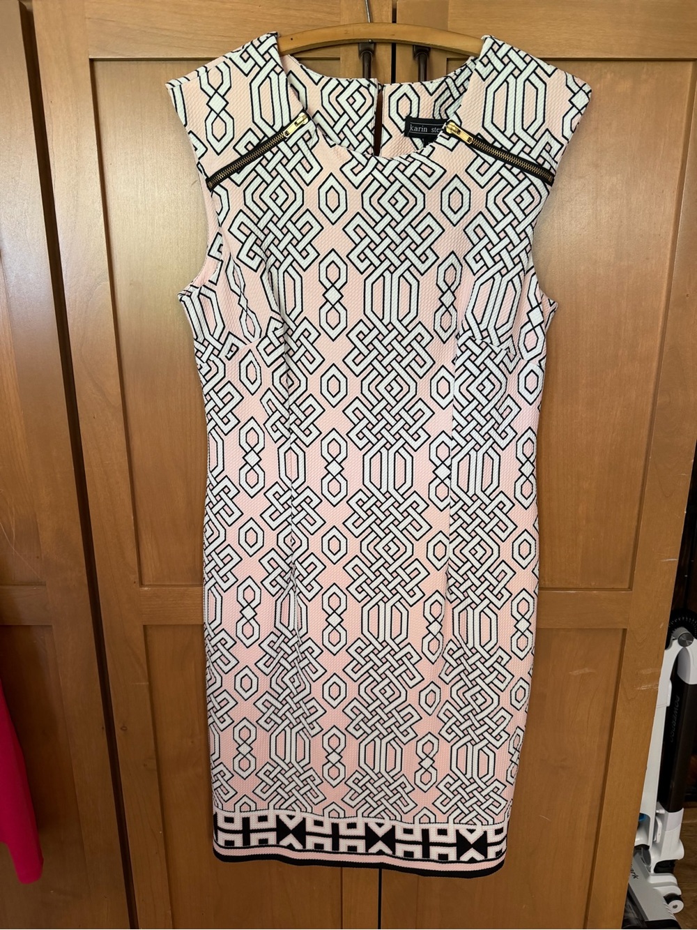 karin stevens Pink and Black Geometric Midi Sheath Dress